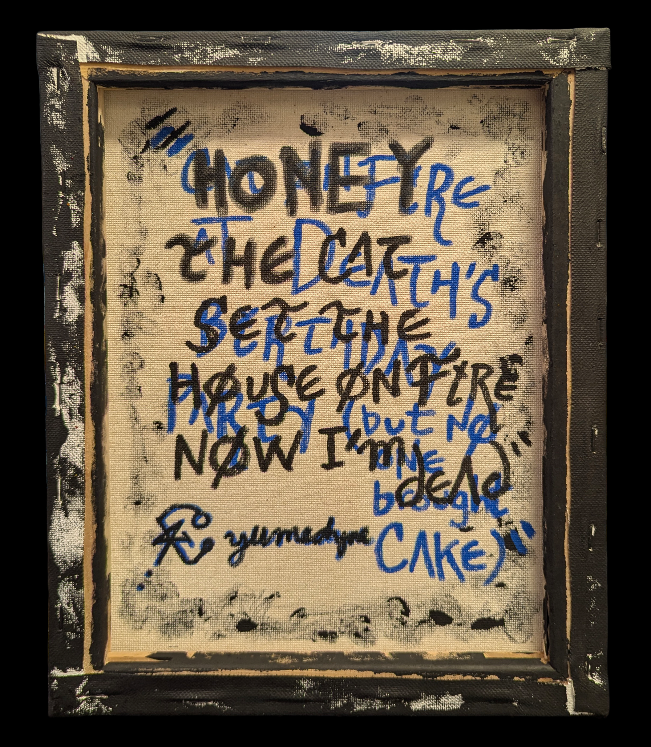 Original 11x14 painting by yumedyne. Acrylic, oil & glitter sealant. Maximalist, pop-surrealist, dark humor art featuring a chaotic cat.